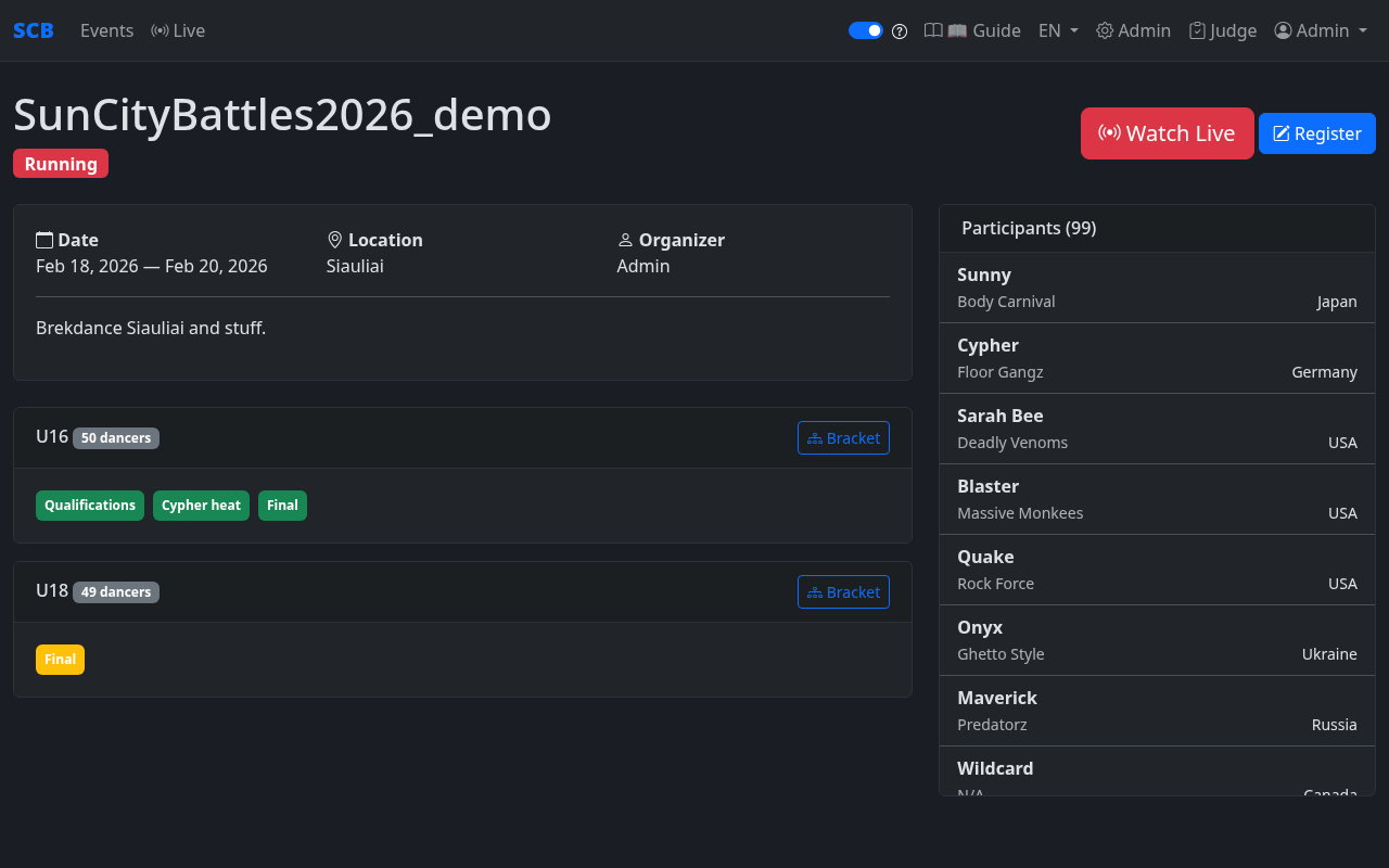 Event detail page showing event information and categories