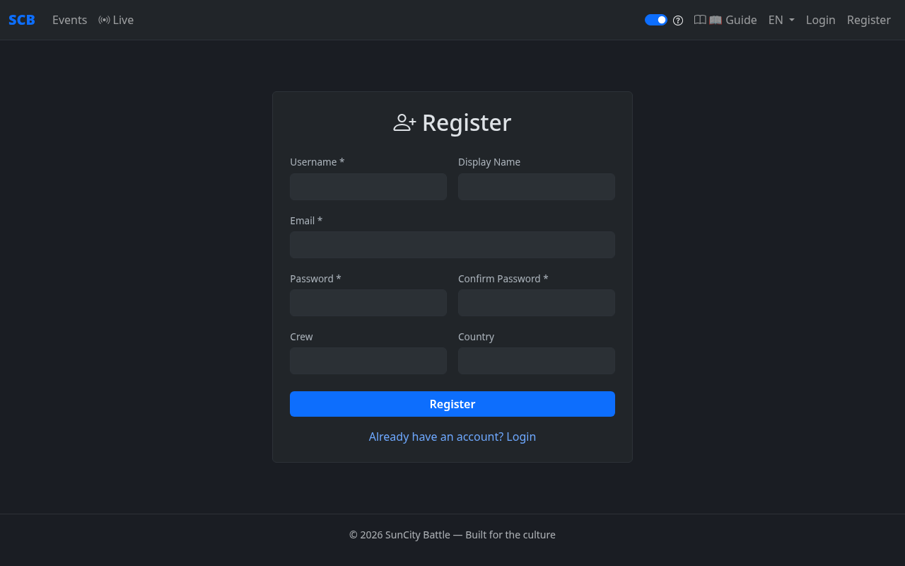 Registration form showing fields for username, display name, email, password, crew, and country