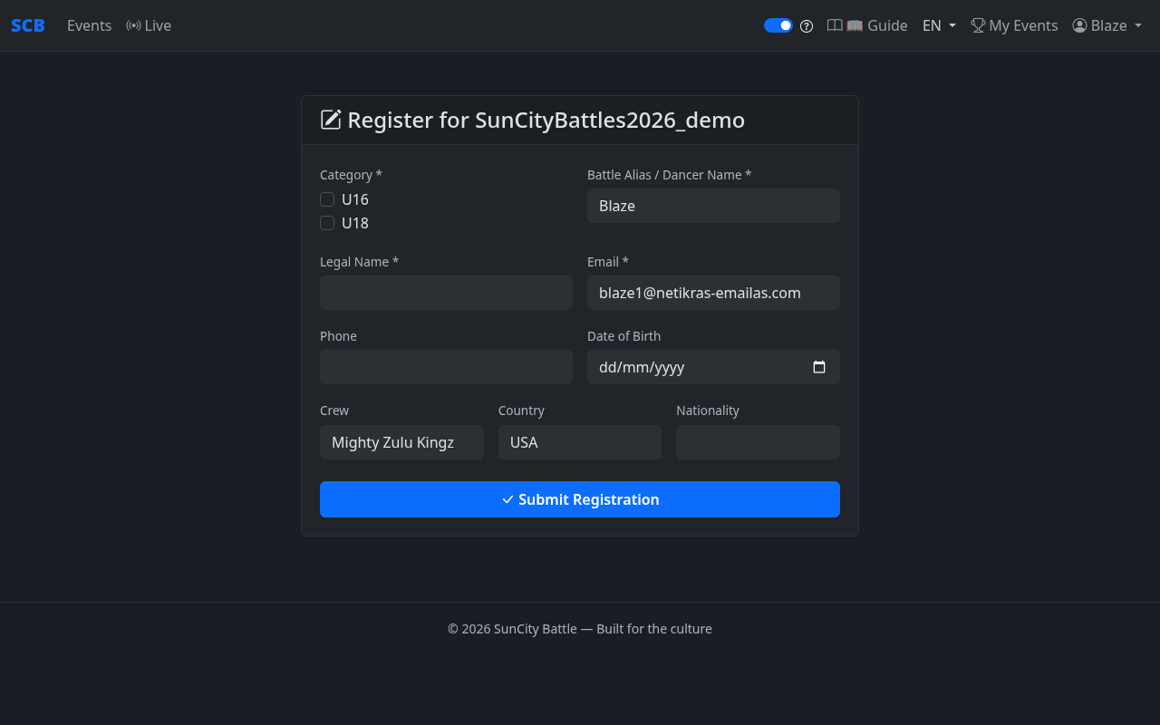 Event registration form with pre-filled fields for logged-in user